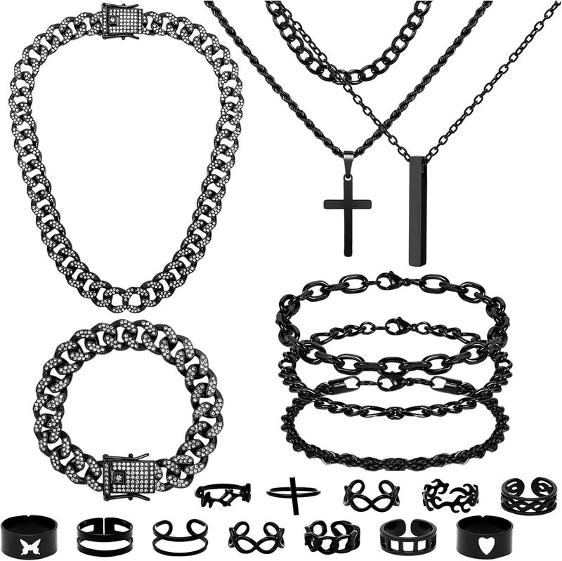 NEWITIN 15 Pieces Silver Jewelry Set for Men Stainless Steel Cuban Link Necklace Bracelet Cross Pendant Necklace Vintage Ring Cuban Jewelry Set for Men Women - Image 1